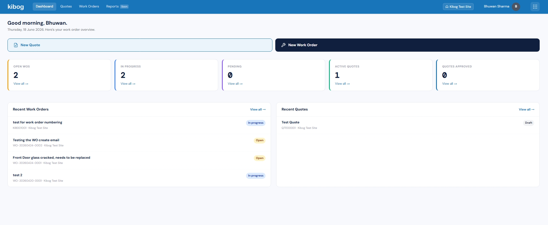 Kibog work-order dashboard showing open work orders, in-progress jobs, and recent quotes
